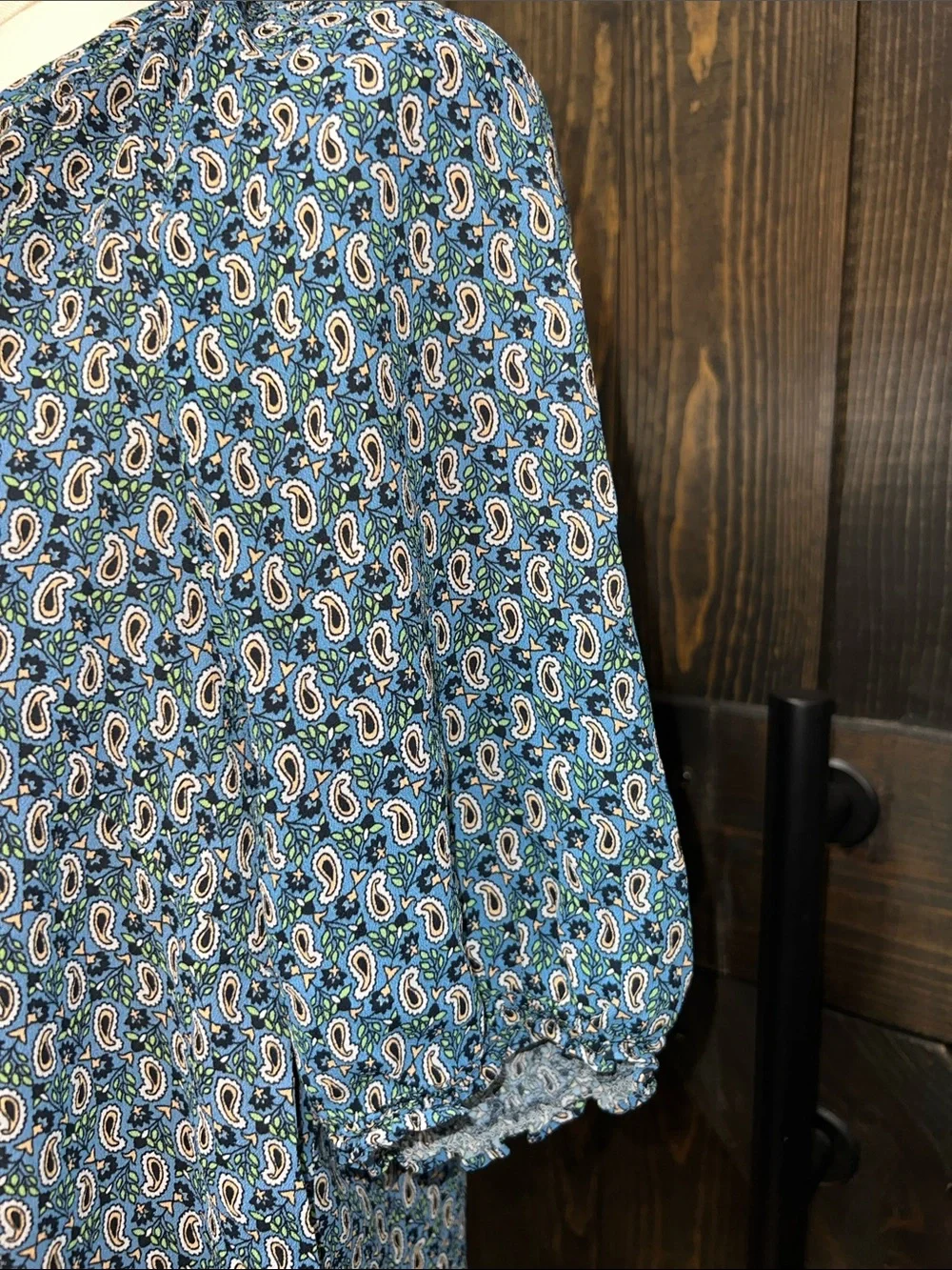 Boden Paisley Top 14 Blue Gathered Split Neck Puff Sleeve Semi Sheer Preppy